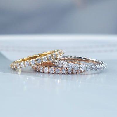 2.5mm eternity ring wedding band with prong-set stones in platinum, gold, and rose gold — Endless Love Eternity Ring