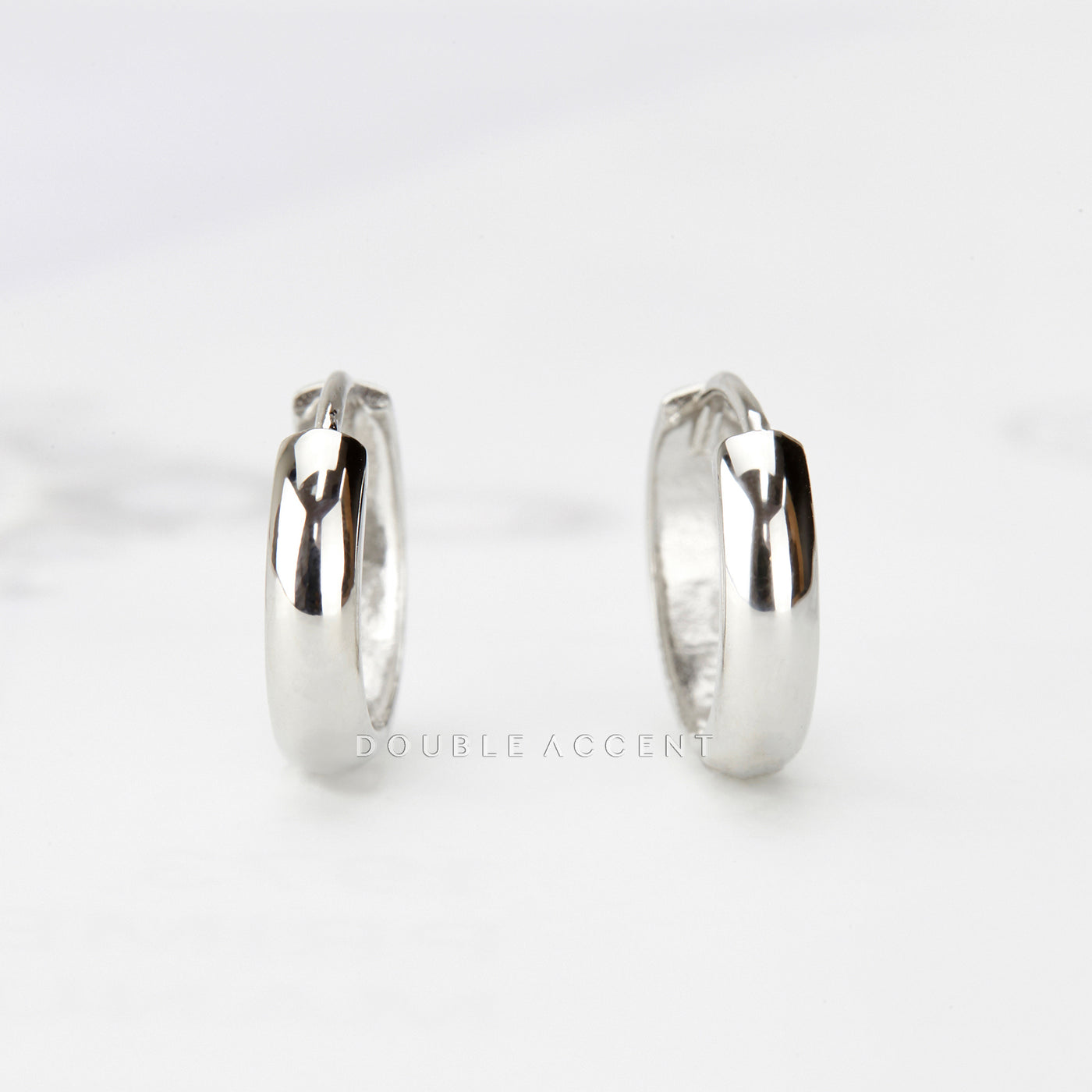 Classic Dome Huggie Earrings in solid 14K white gold, available in small, medium, and large sizes – Double Accent