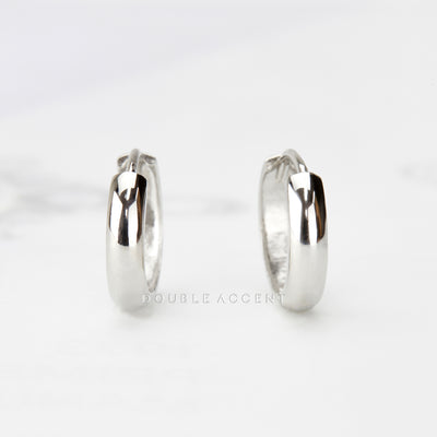 Classic Dome Huggie Earrings in solid 14K white gold, available in small, medium, and large sizes – Double Accent