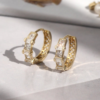 Solid 14K Gold Princess Baguette Huggie Hoop Cartilage Earrings