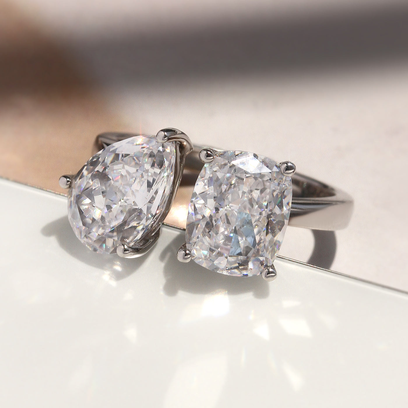 Close-up of crushed ice cut stones and platinum setting.