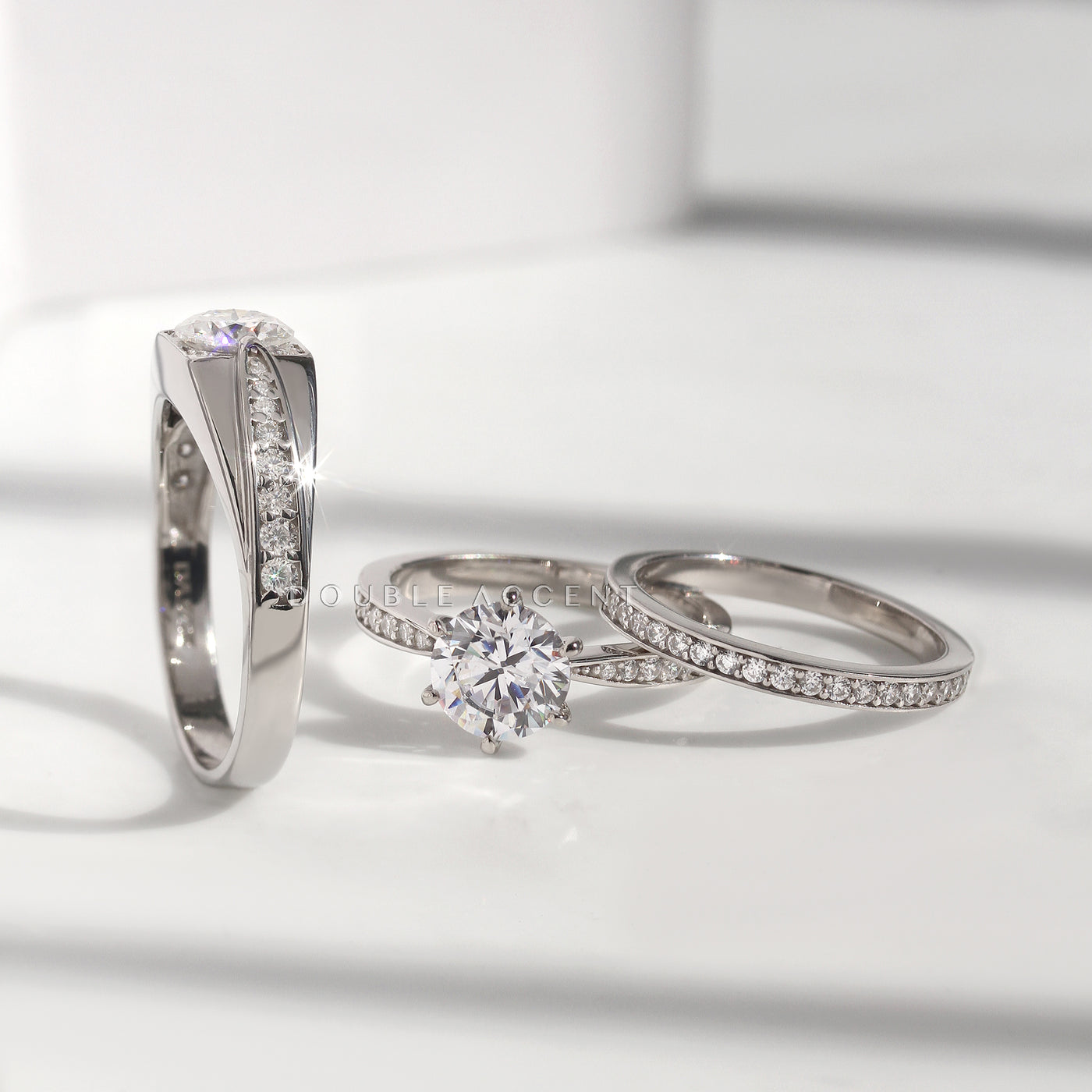 Radiant Bond & Pure Radiance Ring Set – his and hers moissanite wedding rings