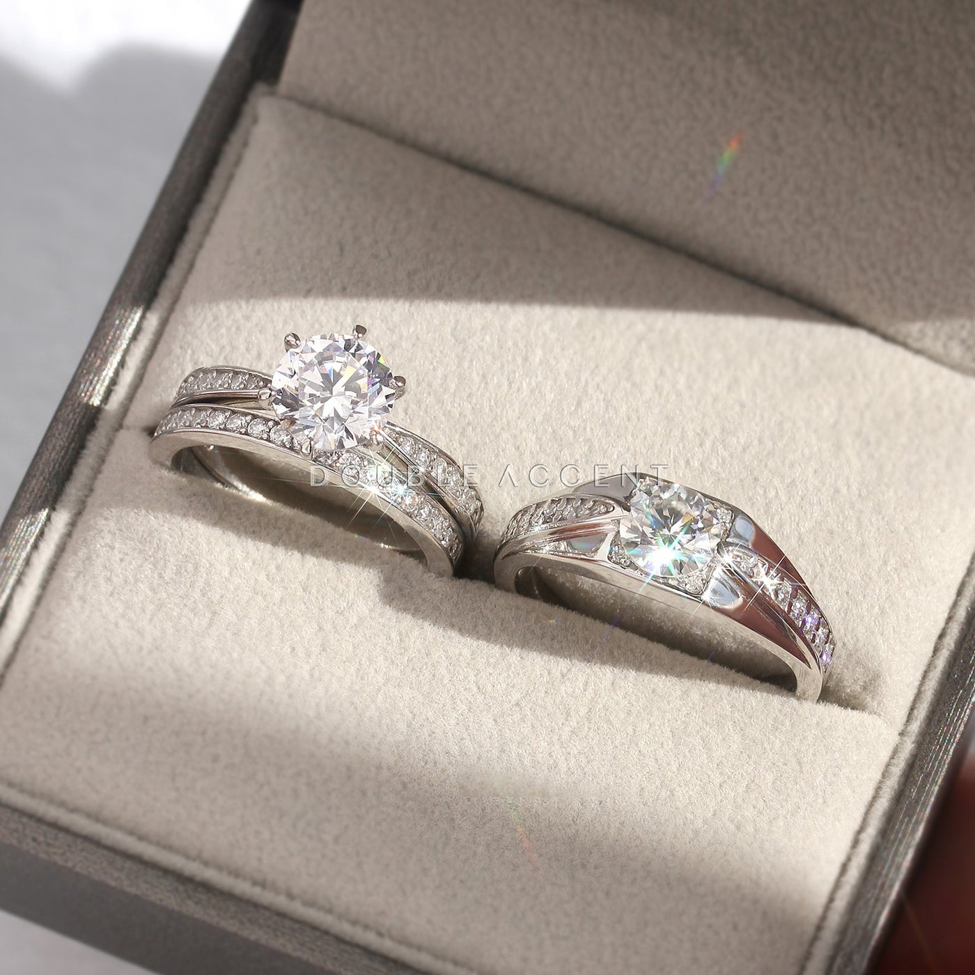 Gift box presentation – Double Accent His & Hers Moissanite Set