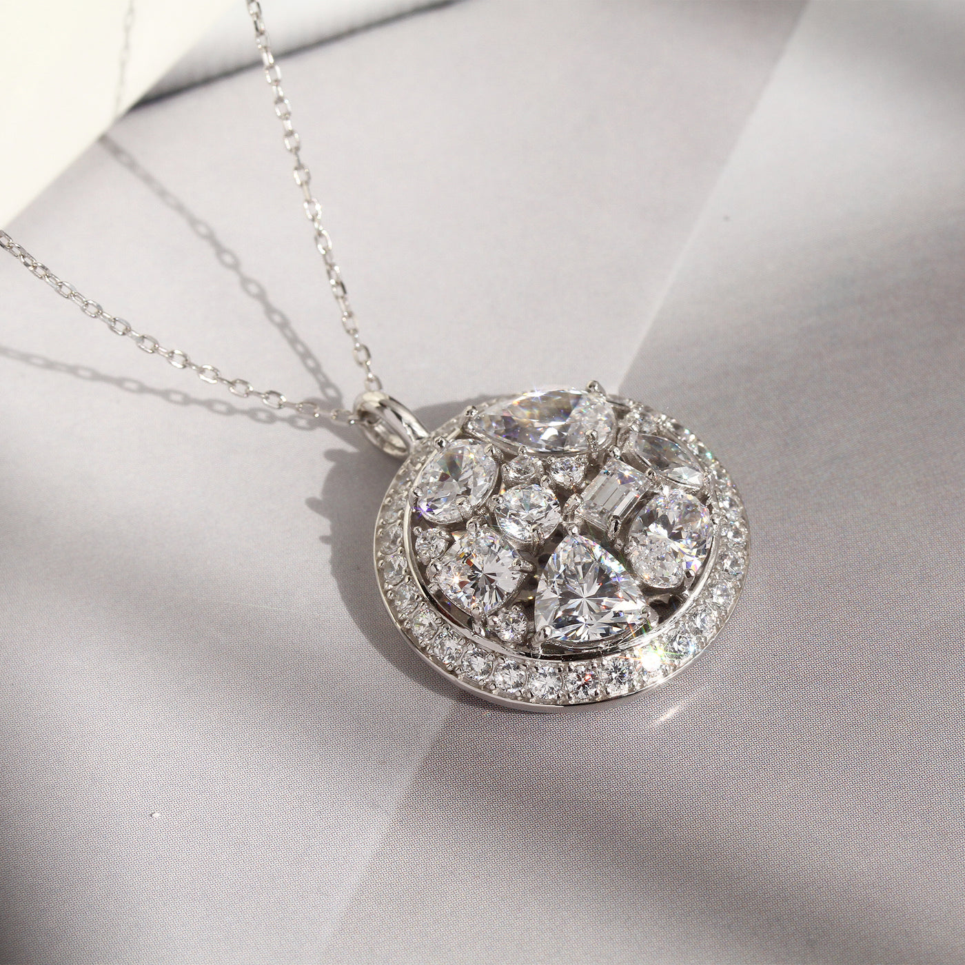 Multi Shape Stone Cluster Vintage Pendant Chain Necklace, Platinum Plated Sterling Silver