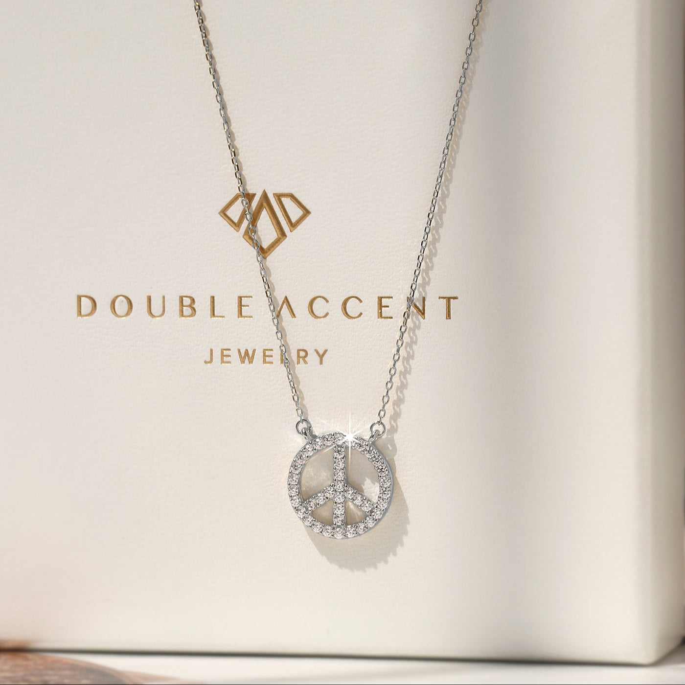 Zenith Peace Pendant Necklace with cubic zirconia pave peace sign in rhodium-plated sterling silver