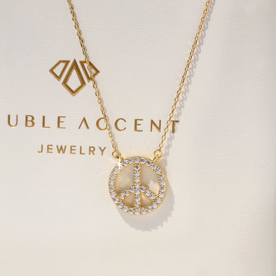 Zenith Peace Pendant Necklace with cubic zirconia pave peace sign in gold plated sterling silver