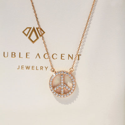 Zenith Peace Pendant Necklace with cubic zirconia pave peace sign in rose gold plated sterling silver