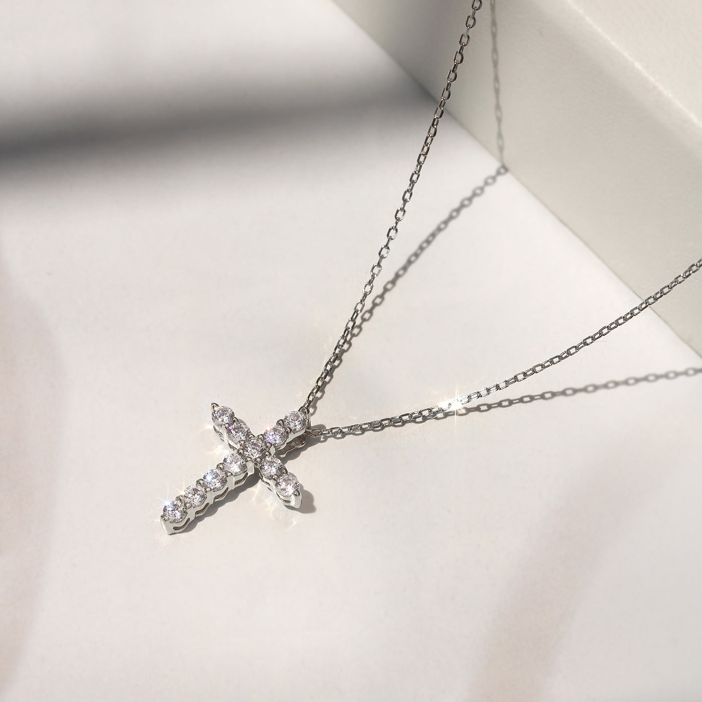 Guardian Cross Necklace in solid 14K  white gold with moissanite, adjustable chain, petite everyday design