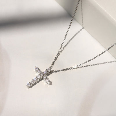 Guardian Cross Necklace in solid 14K  white gold with moissanite, adjustable chain, petite everyday design