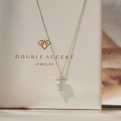 Guardian Cross Necklace in rhodium plated sterling silver with moissanite or CZ stones, petite size for everyday wear