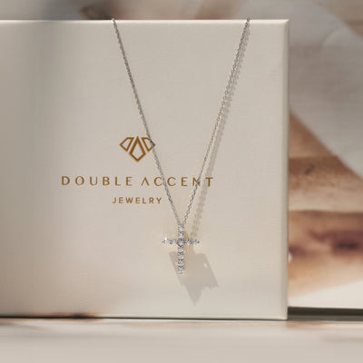 Guardian Cross Necklace in solid 14K  white gold with moissanite, adjustable chain, petite everyday design