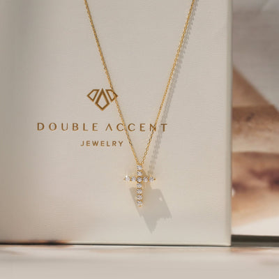 Guardian Cross Necklace in gold plated sterling silver with CZ stones, petite size for everyday wear