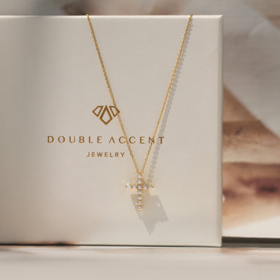 Guardian Cross Necklace in solid 14K yellow gold with moissanite, adjustable chain, petite everyday design
