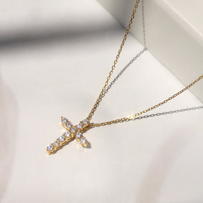 Guardian Cross Necklace in solid 14K yellow gold with moissanite, adjustable chain, petite everyday design