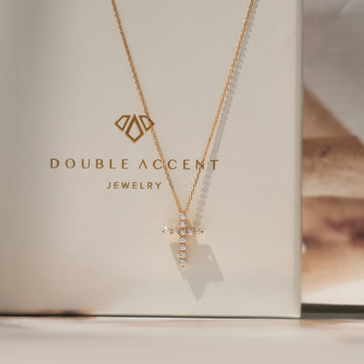 Guardian Cross Necklace in rose gold plated sterling silver with CZ stones, petite size for everyday wear