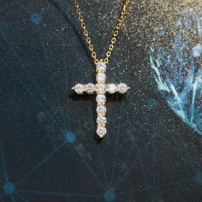 Guardian Cross Necklace in solid 14K yellow gold with moissanite, adjustable chain, petite everyday design