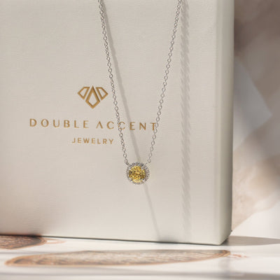 Gratitude Halo Necklace — sterling silver halo pendant with 1.2 carat CZ center, available in  yellow diamond tone