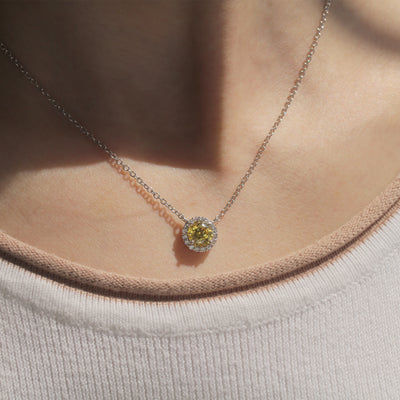 Gratitude Halo Necklace — sterling silver halo pendant with 1.2 carat CZ center, available in  yellow diamond tone