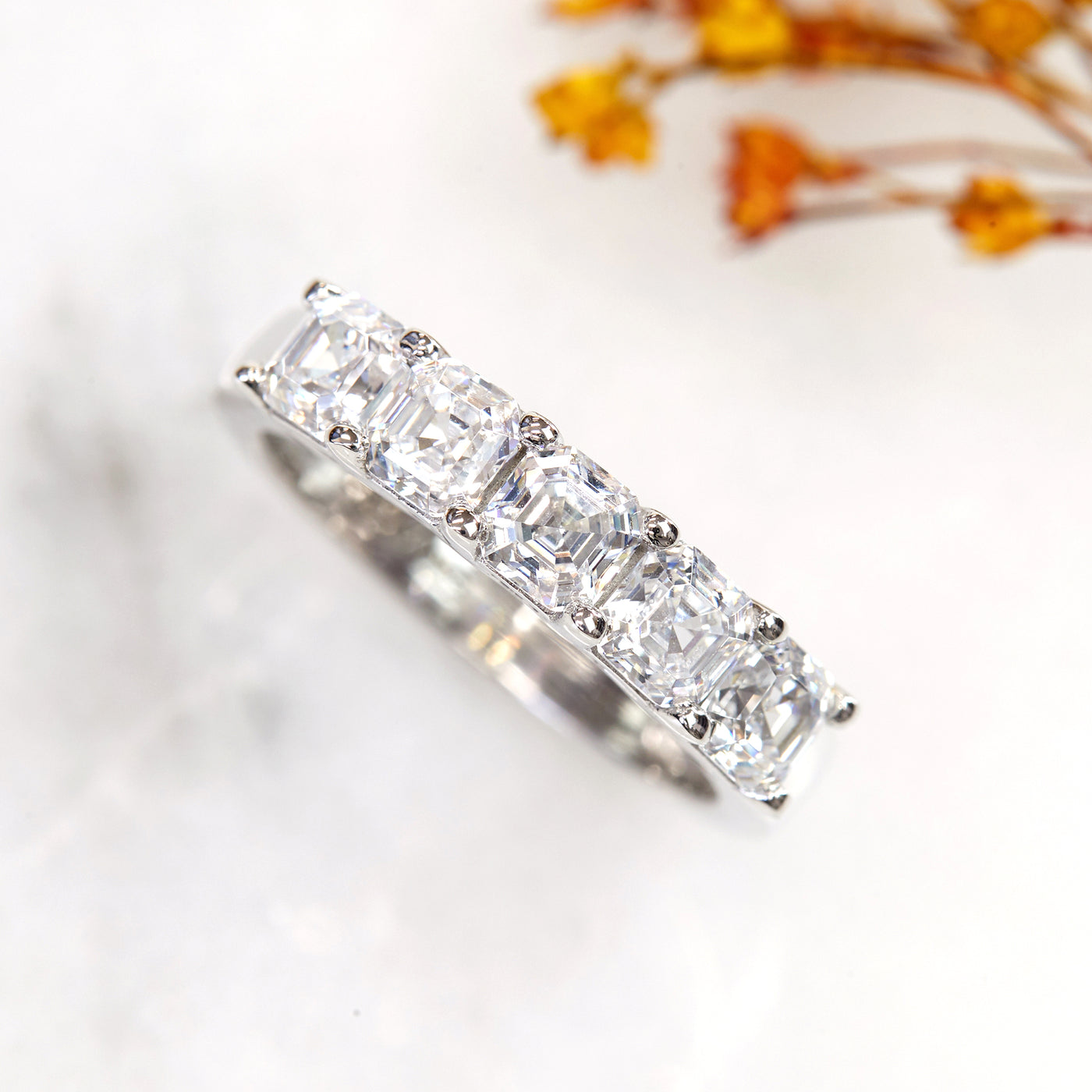 Platinum-plated sterling silver five stone anniversary ring with 2 CTW Asscher-cut stones – Love Mark Asscher Ring