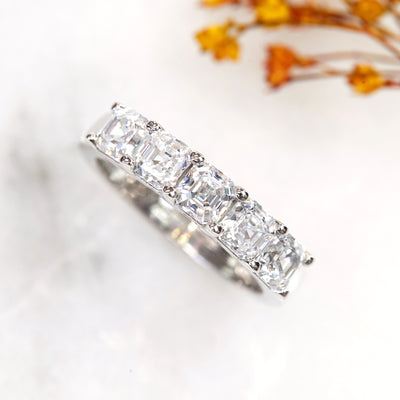 Platinum-plated sterling silver five stone anniversary ring with 2 CTW Asscher-cut stones – Love Mark Asscher Ring