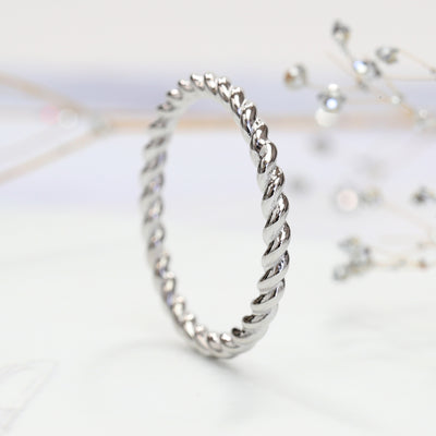 Thin 14K white gold twisted rope stackable ring close-up