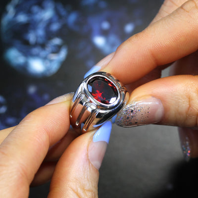 Garnet Mens Signet Ring, Sterling Silver Simulated Gemstone Ring