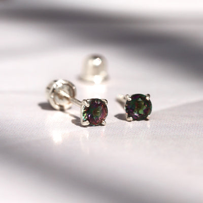 Solid 14K Gold Simulated Rainbow Mystic Topaz Cartilage Stud Earring