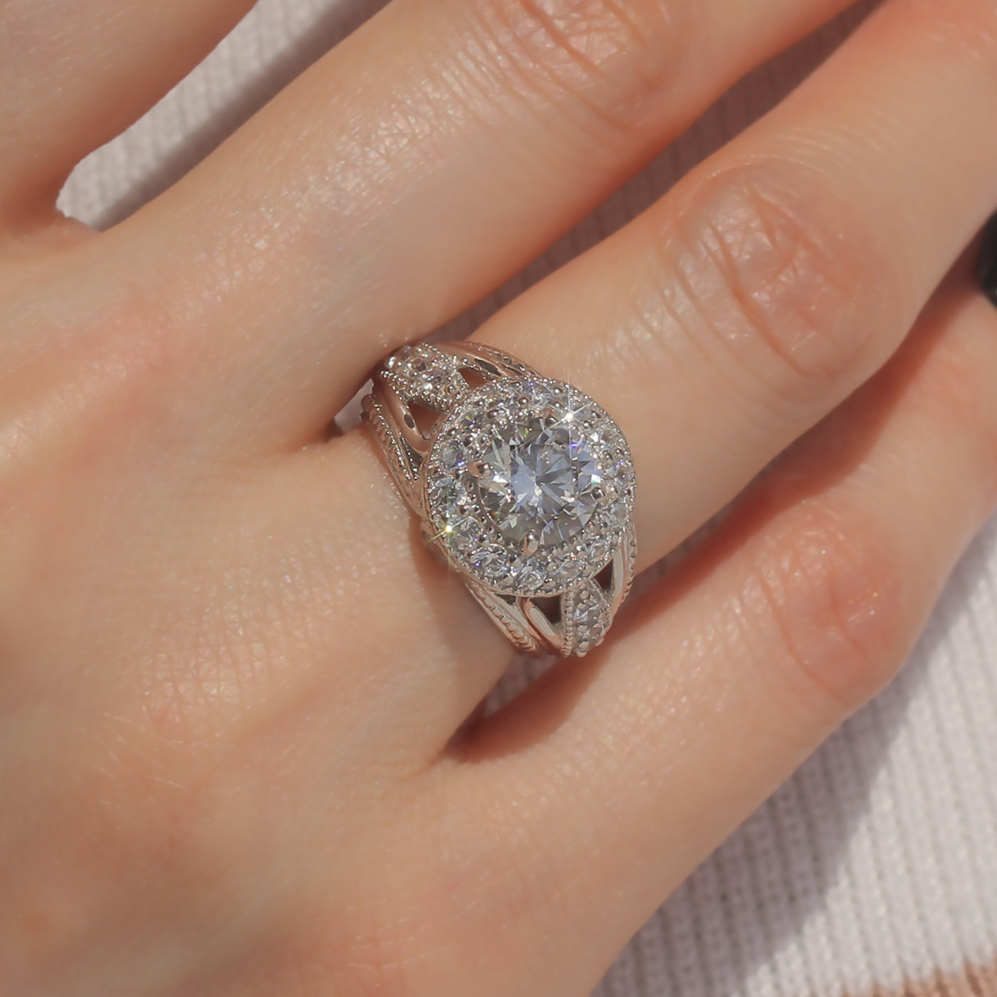 Sterling Silver Diamond Simulant Wide Vintage Halo Edwardian Ring
