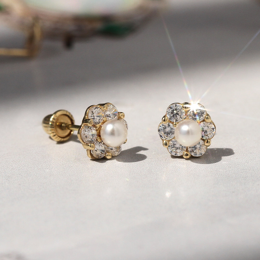 14k Gold Pearl Earrings Freshwater Cultured Pearl Pinwheel Stud