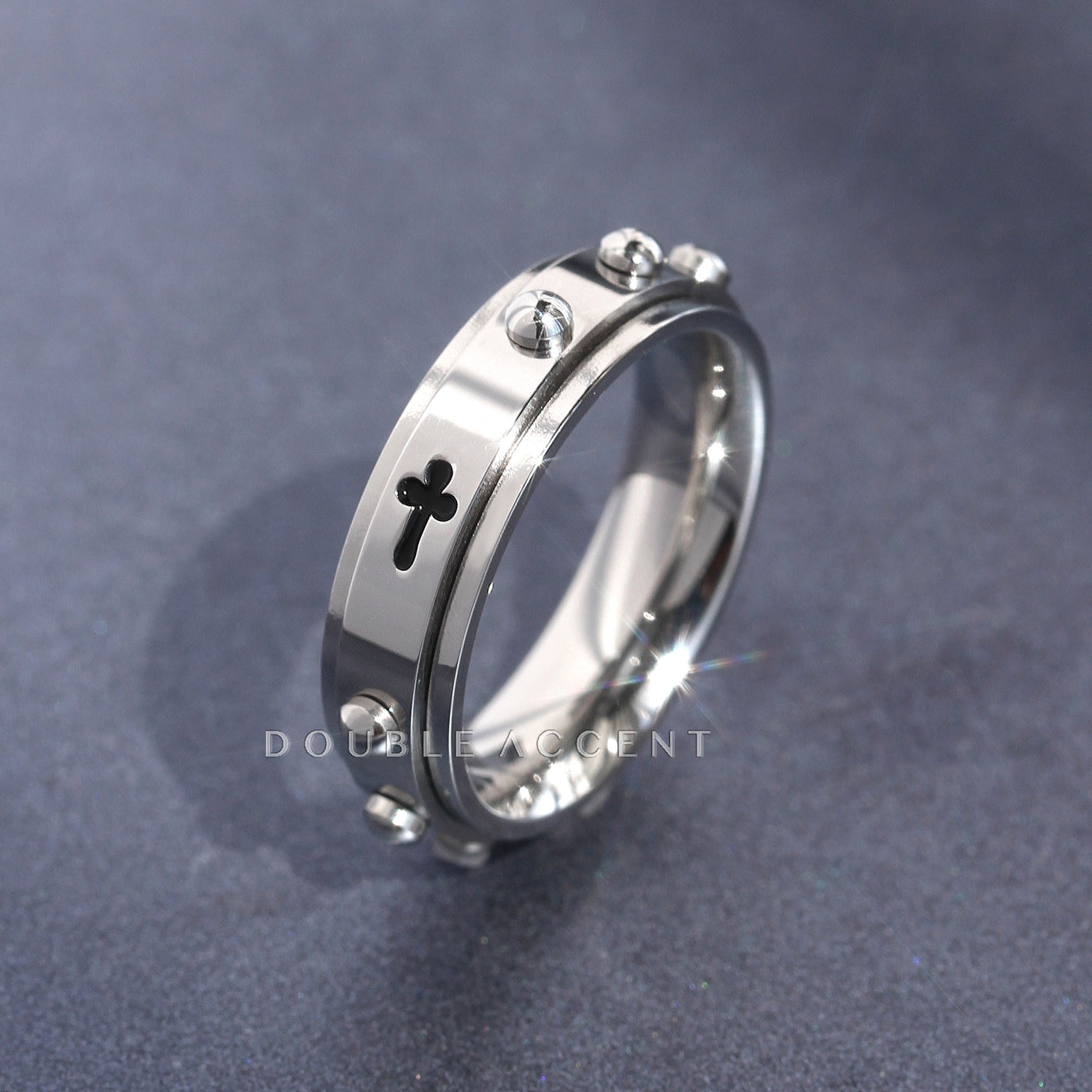 Stainless steel spinner band with engraved cross and rosary-inspired detailing — Eternal Prayer Ring