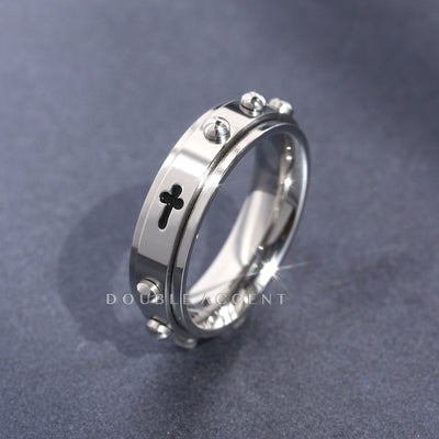 Stainless steel spinner band with engraved cross and rosary-inspired detailing — Eternal Prayer Ring