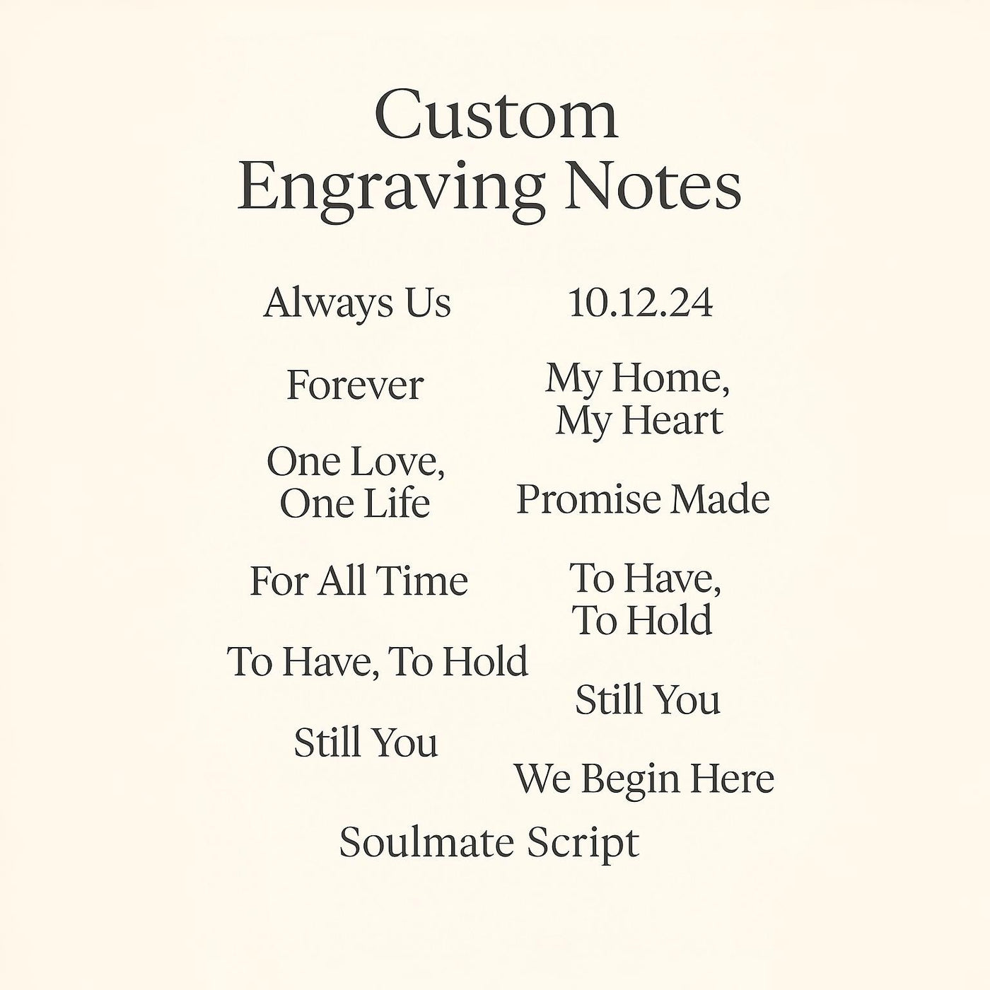 Collection of customizable engraving phrases on a beige background