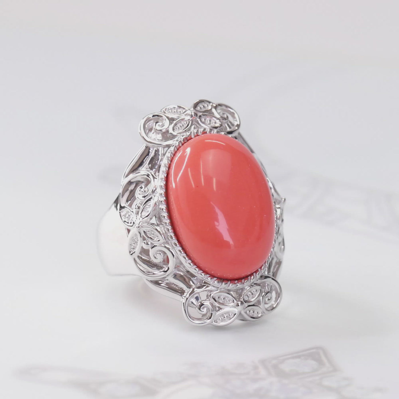 Sterling Silver Vintage Pink Coral Edwardian Cocktail Ring