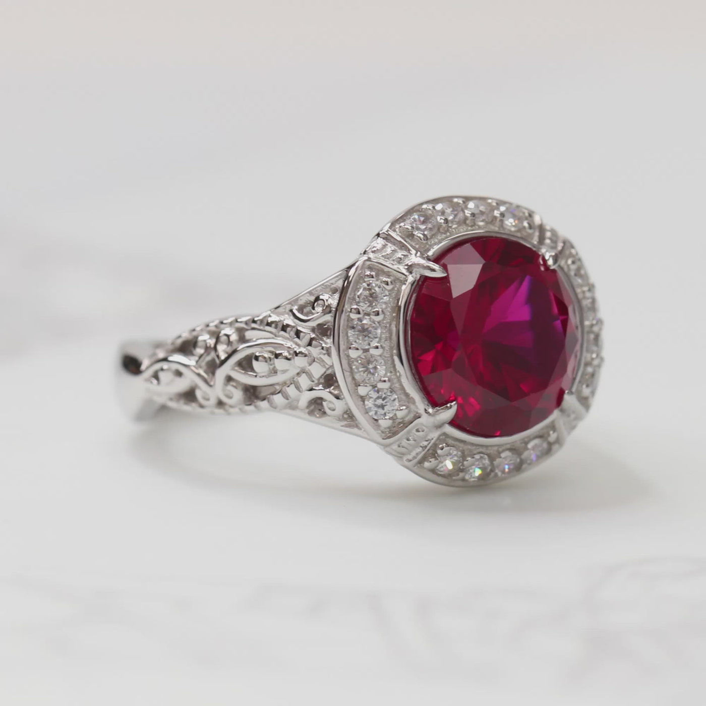 Sterling Silver Simulated Red Ruby, Vintage Halo Edwardian Ring