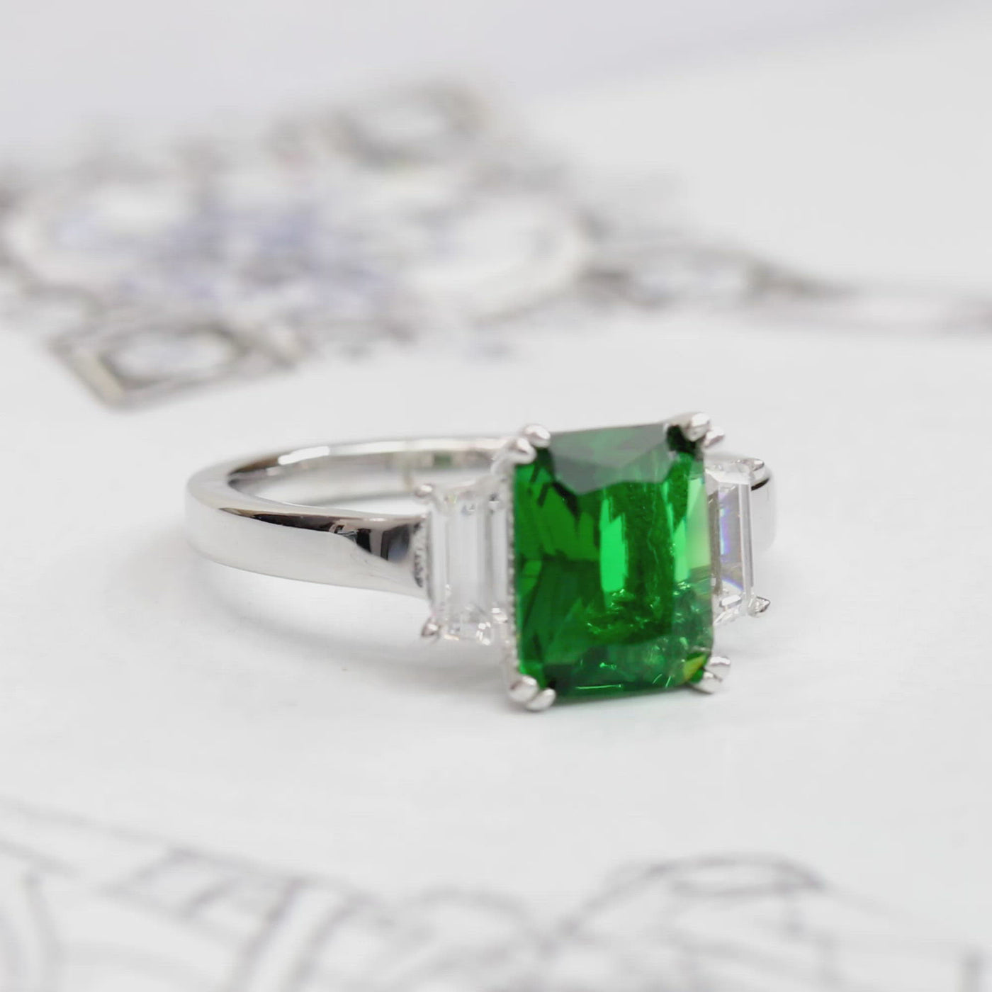 Sterling Silver Simulated Green Emerald Radiant Ring