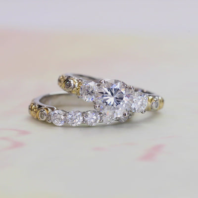 1.5 CT Vintage Two Tone Engagement Ring Set, 14K Gold Plated Sterling Silver