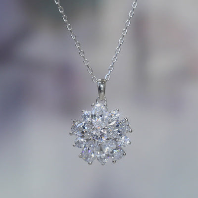 Cluster Flower Pendant Chain Necklace, Platinum Plated Sterling Silver