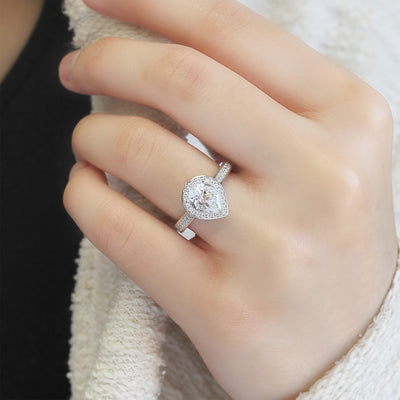 Sterling Silver Diamond Simulant Halo Pear Cut Ring