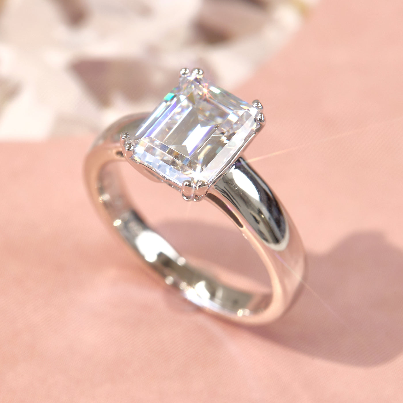 4 CT Emerald Cut Solitaire Ring, Platinum Plated Sterling Silver