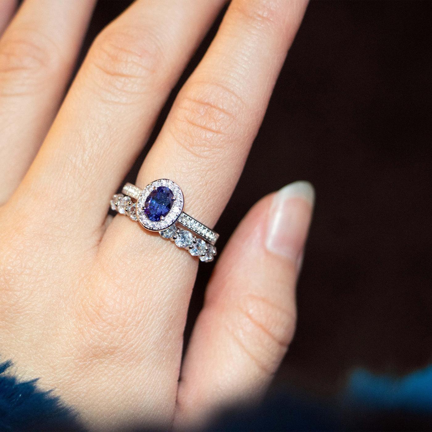 Custom Stackable Rings, Sterling Silver 3mm Full Eternity Band, 0.75 CT Simulated Tanzanite Ring