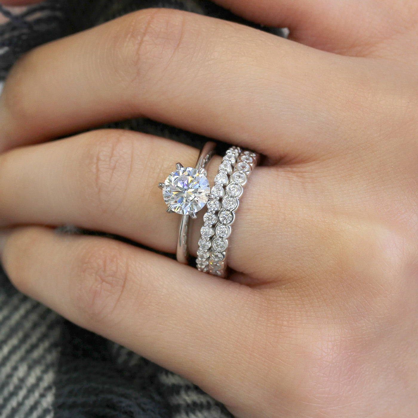 Custom Stackable Rings, Sterling Silver 1.5 CT Simulated Diamond Solitaire, Eternity Bands