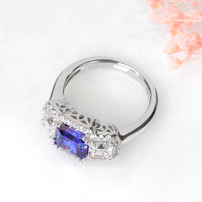 Simulated 2 CT Tanzanite Ring, Platinum Plated Sterling Silver