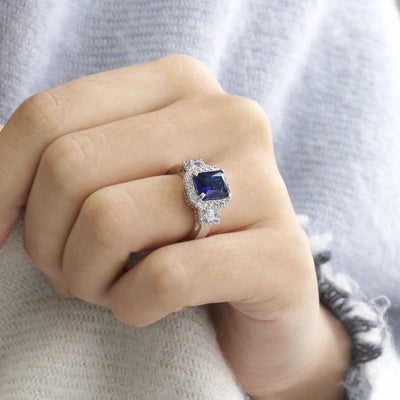 Radiant Cut 2.5 CT Simulated Blue Sapphire Ring, Sterling Silver