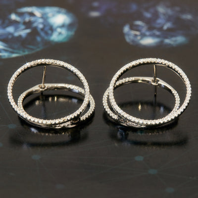 Double Circle CZ Stone Pave Hoop Earrings, Sterling Silver