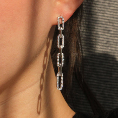 Long Pave Paperclip Chain Earrings