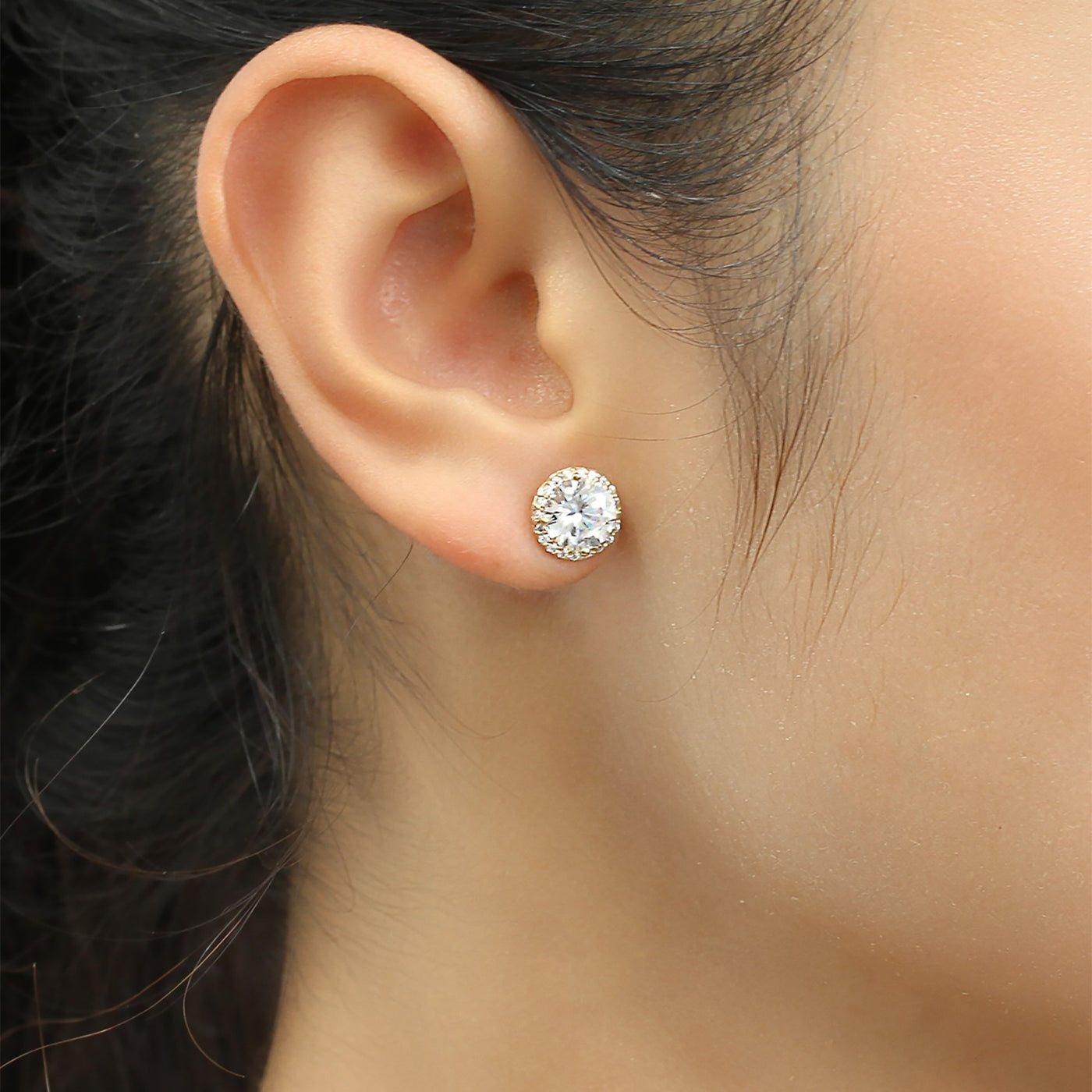 Solid 14K Gold Simulated Diamond Halo Stud Earrings