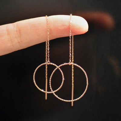 Asymmetrical Circle Adjustable Chain Dangle Threader Earrings, Solid 14K Gold