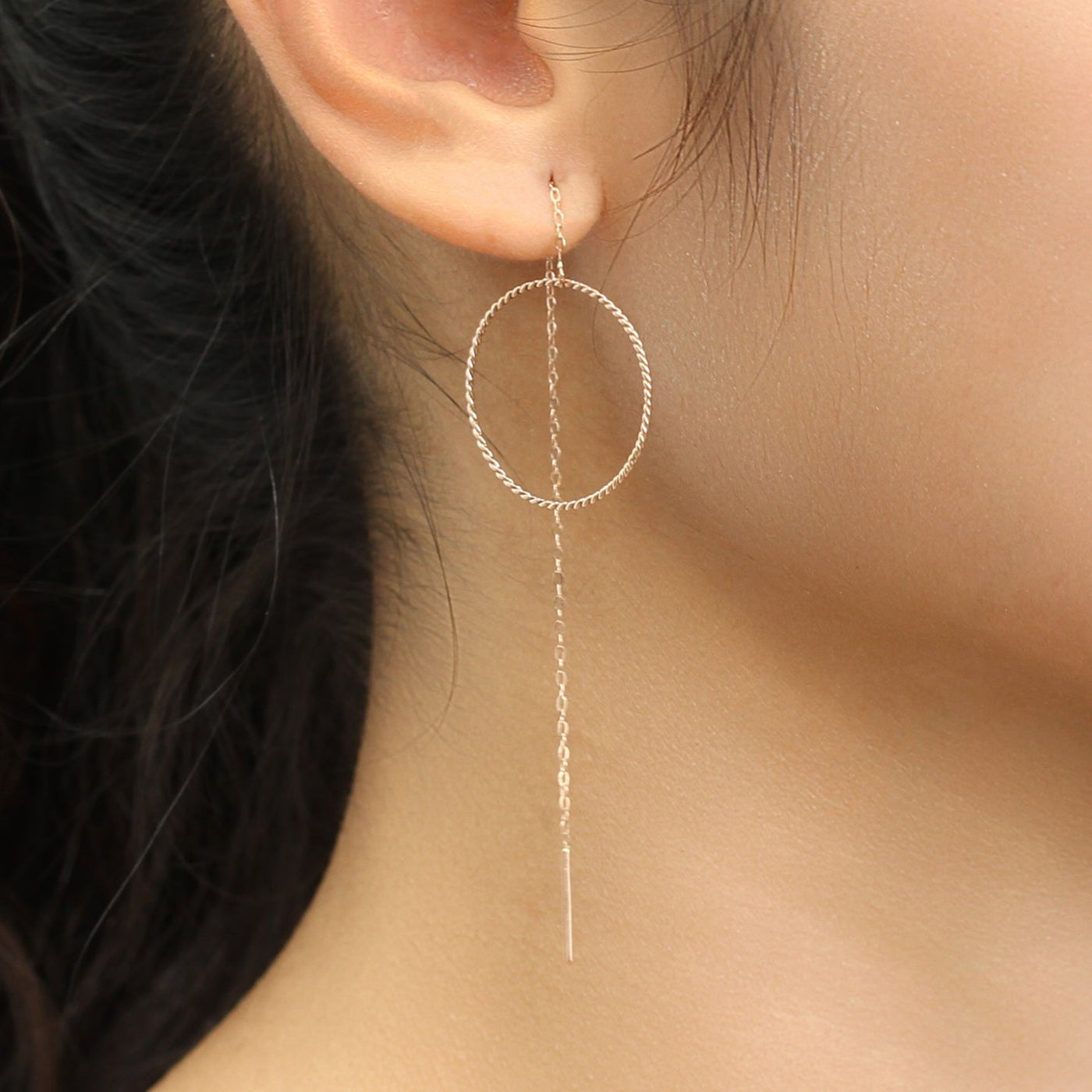 Asymmetrical Circle Adjustable Chain Dangle Threader Earrings, Solid 14K Gold