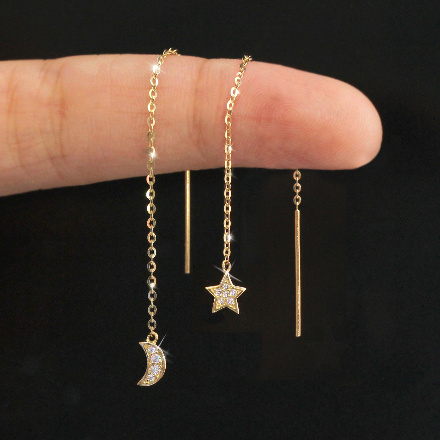 Star Crescent Moon Threader Drop Earrings, Solid 14K Gold