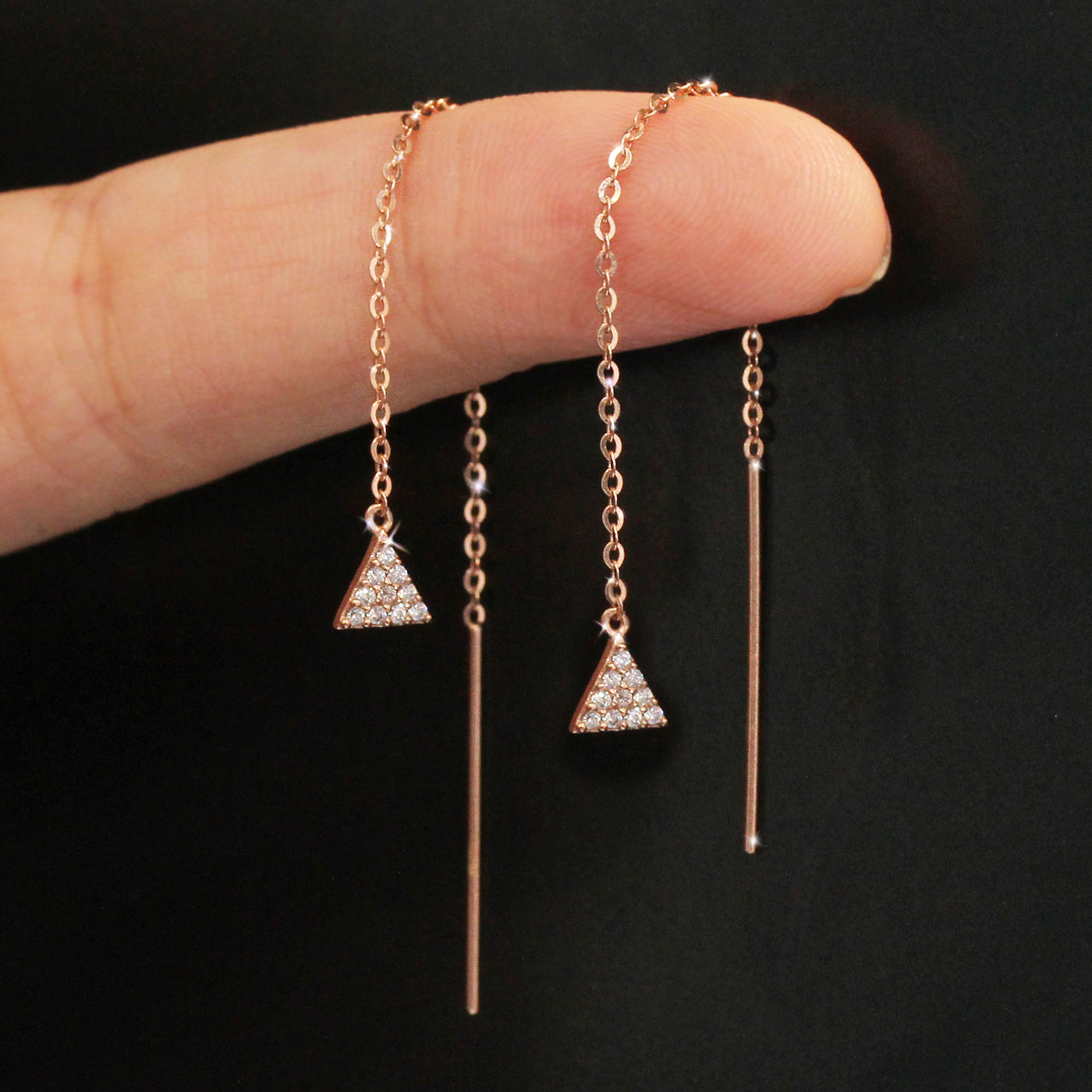 Pyramid Adjustable Chain Length Dangle Threader Earrings, Solid 14K Rose Gold